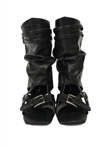 NORTH NODE Open Toe Ruched Cuff Slouchy Shaft High Heel Women&