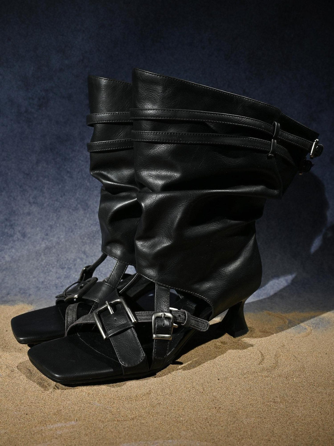 NORTH NODE Open Toe Ruched Cuff Slouchy Shaft High Heel Women&