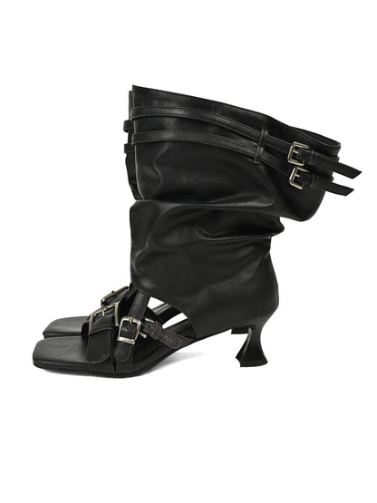 NORTH NODE Open Toe Ruched Cuff Slouchy Shaft High Heel Women&