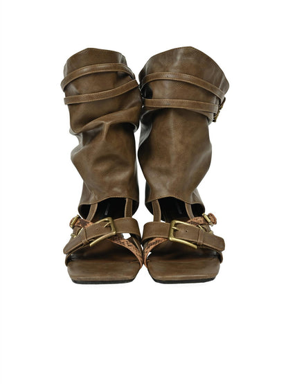 NORTH NODE Open Toe Ruched Cuff Slouchy Shaft High Heel Women&