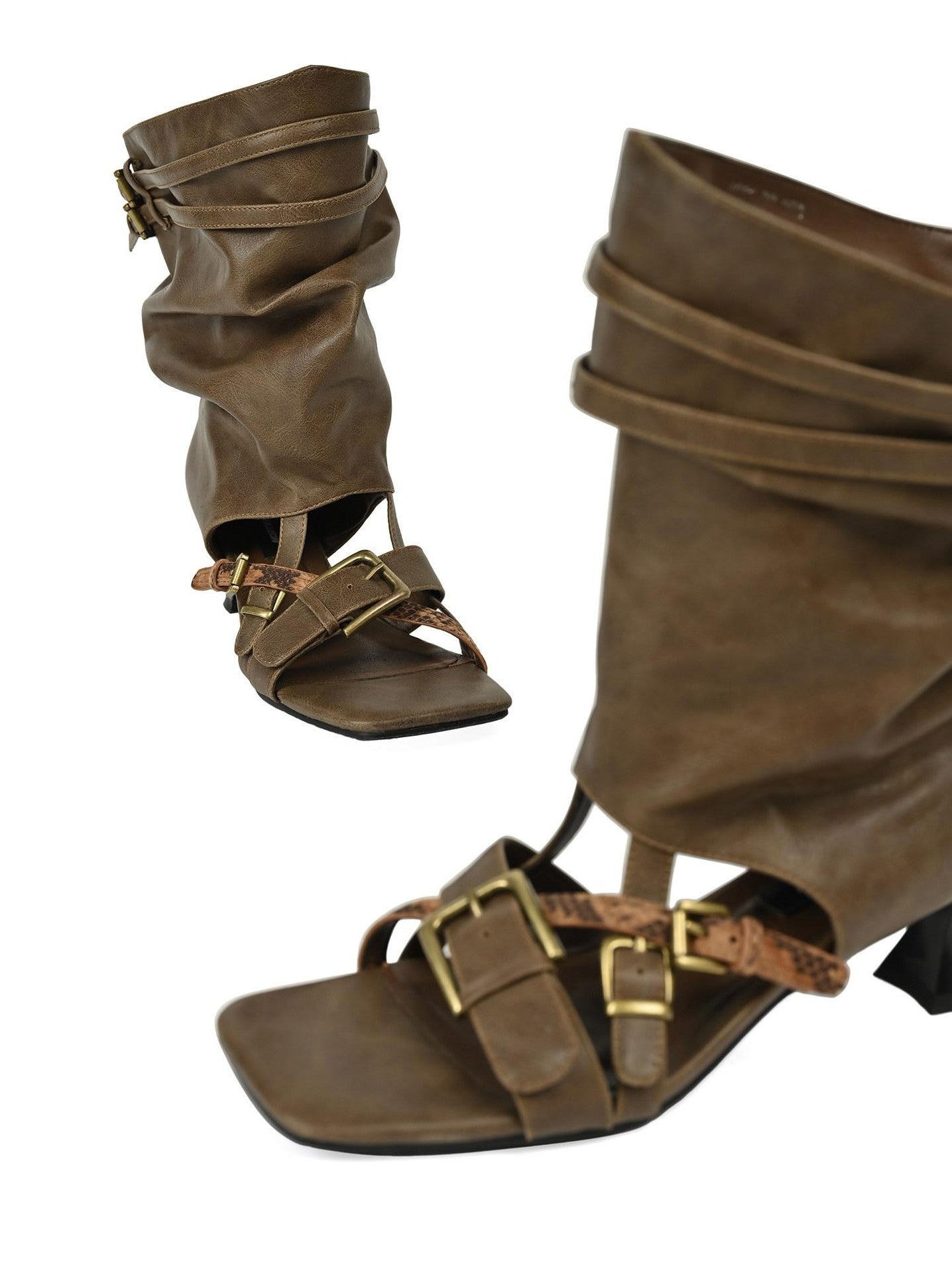 NORTH NODE Open Toe Ruched Cuff Slouchy Shaft High Heel Women&