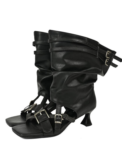 NORTH NODE Open Toe Ruched Cuff Slouchy Shaft High Heel Women&
