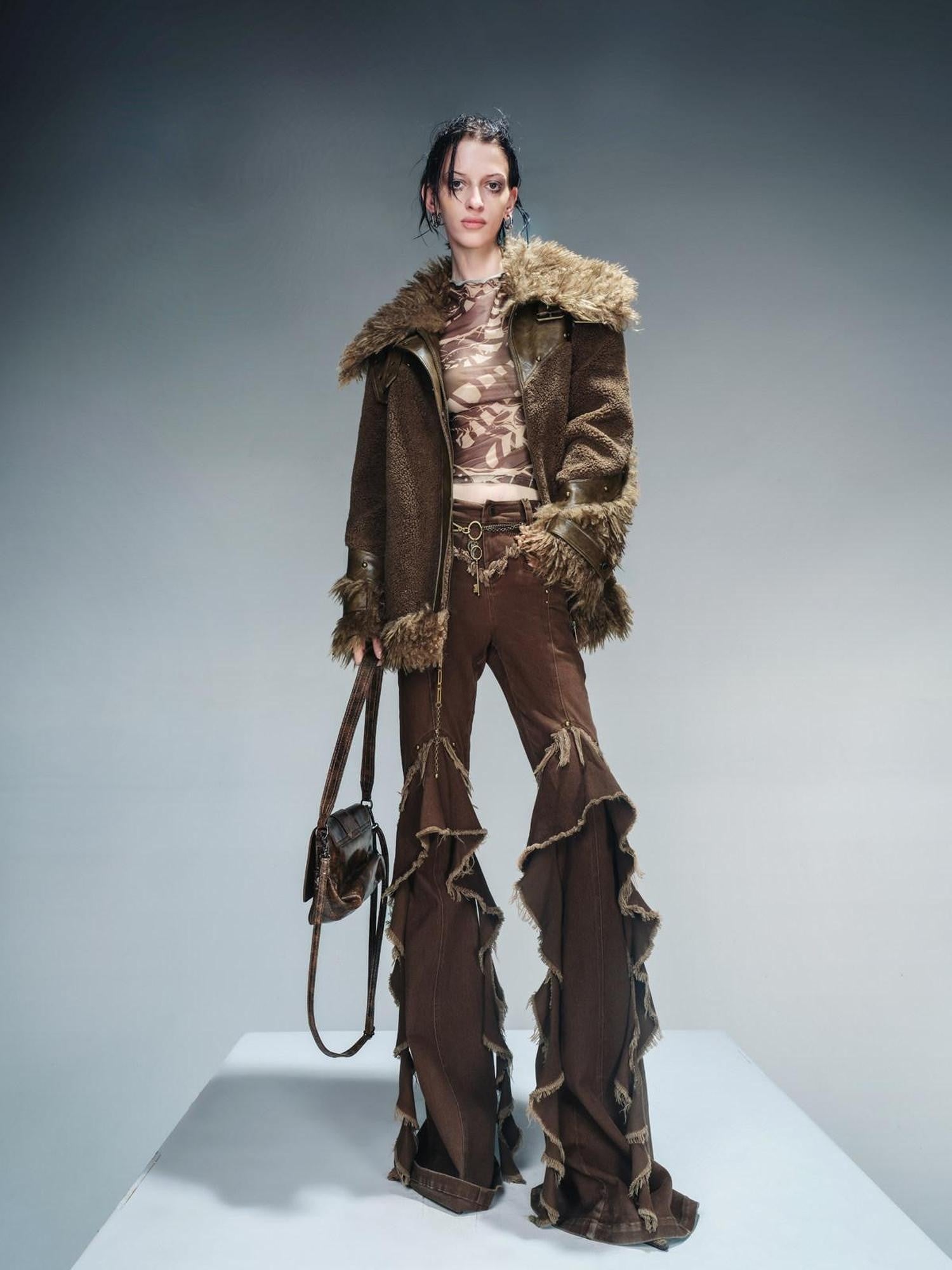 NORTH NODE Patchwork Leather Faux Fur Padded Crystal Velvet Lined Women&