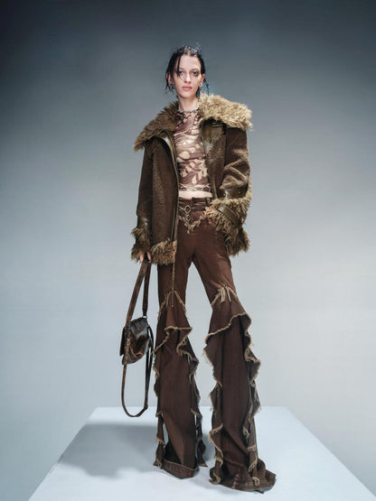 NORTH NODE Patchwork Leather Faux Fur Padded Crystal Velvet Lined Women&