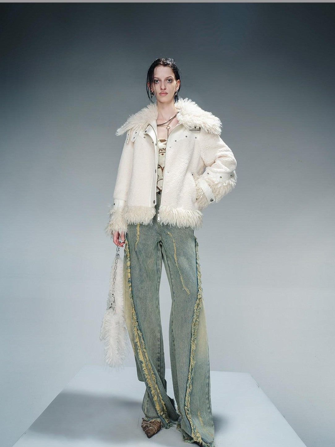 NORTH NODE Patchwork Leather Faux Fur Padded Crystal Velvet Lined Women&