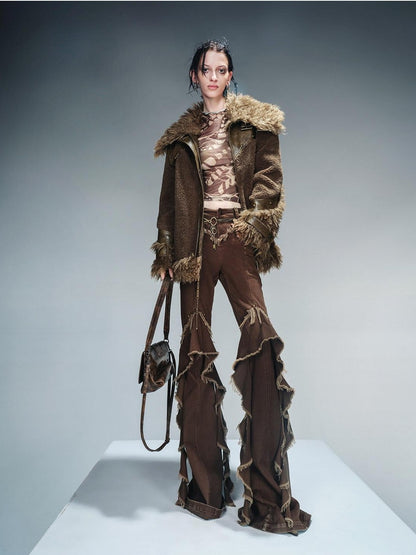 NORTH NODE Patchwork Leather Faux Fur Padded Crystal Velvet Lined Women&