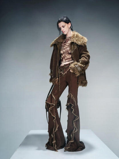 NORTH NODE Patchwork Leather Faux Fur Padded Crystal Velvet Lined Women&
