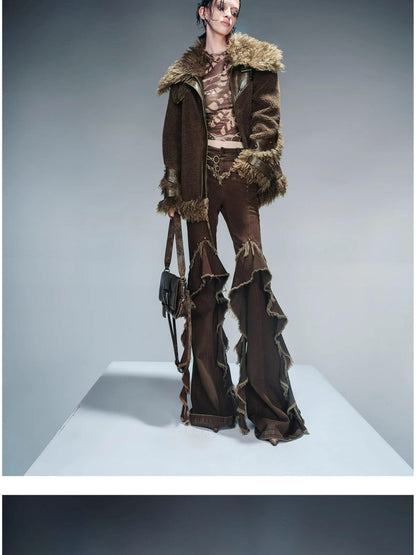 NORTH NODE Patchwork Leather Faux Fur Padded Crystal Velvet Lined Women&