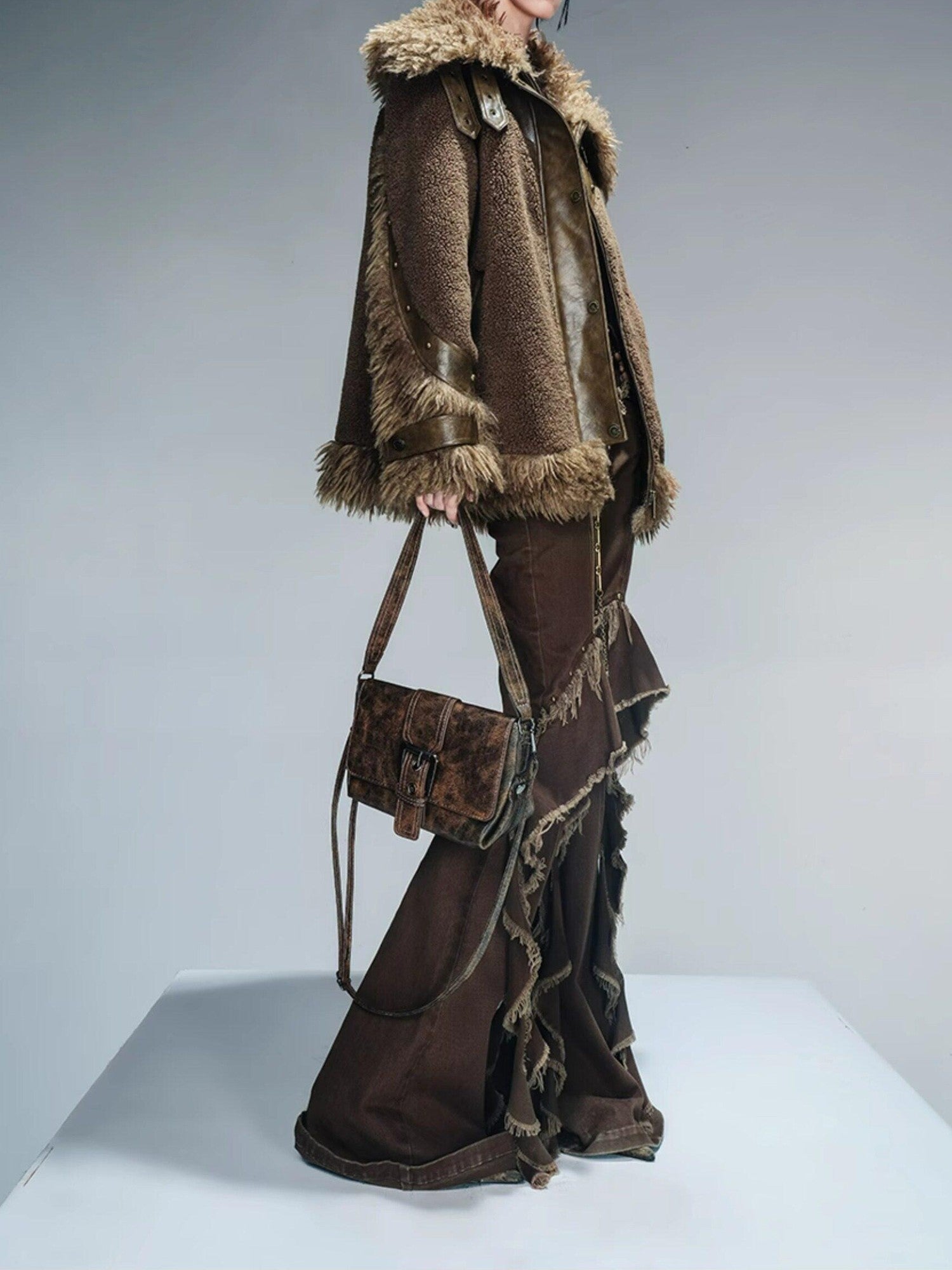 NORTH NODE Patchwork Leather Faux Fur Padded Crystal Velvet Lined Women&