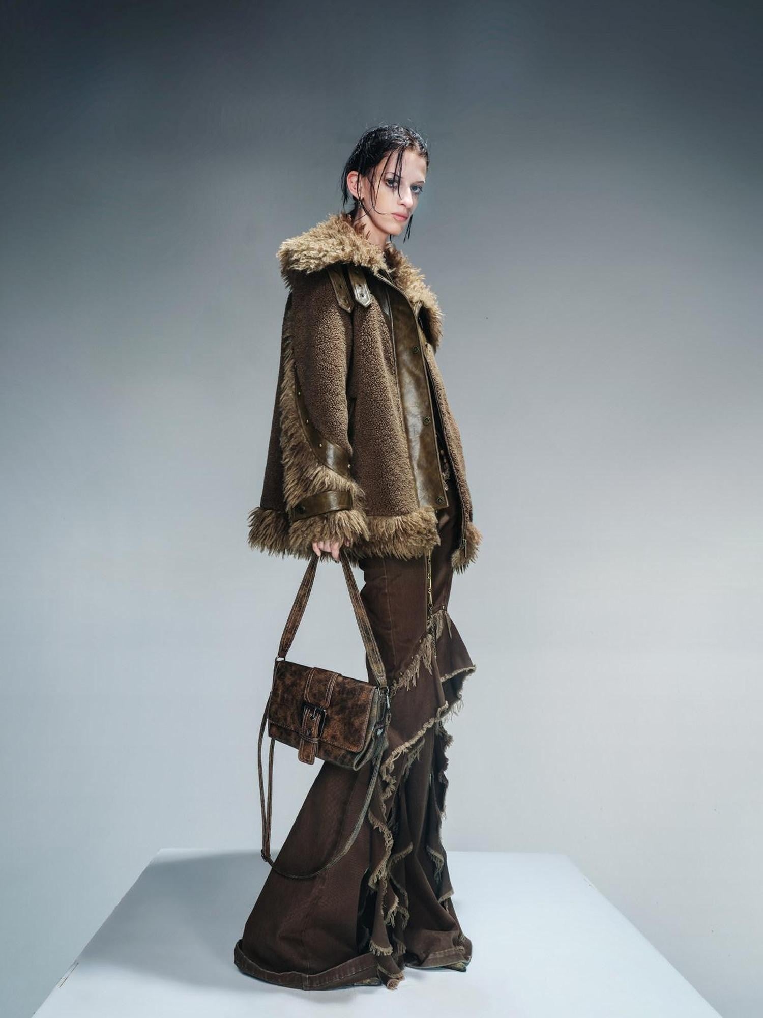 NORTH NODE Patchwork Leather Faux Fur Padded Crystal Velvet Lined Women&