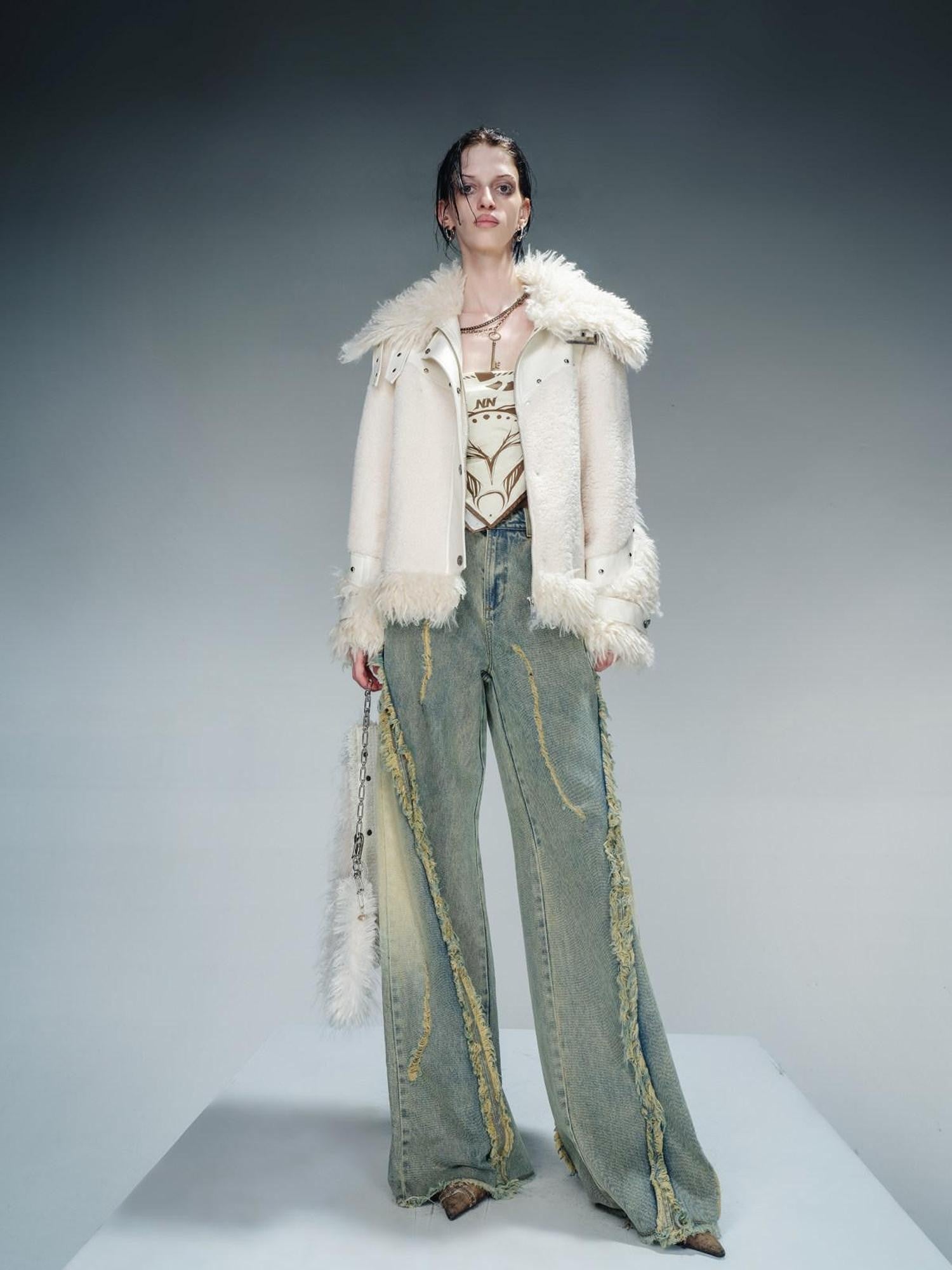 NORTH NODE Patchwork Leather Faux Fur Padded Crystal Velvet Lined Women&