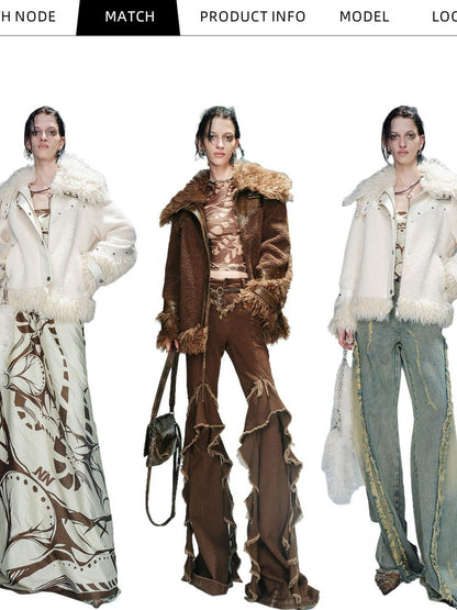 NORTH NODE Patchwork Leather Faux Fur Padded Crystal Velvet Lined Women&