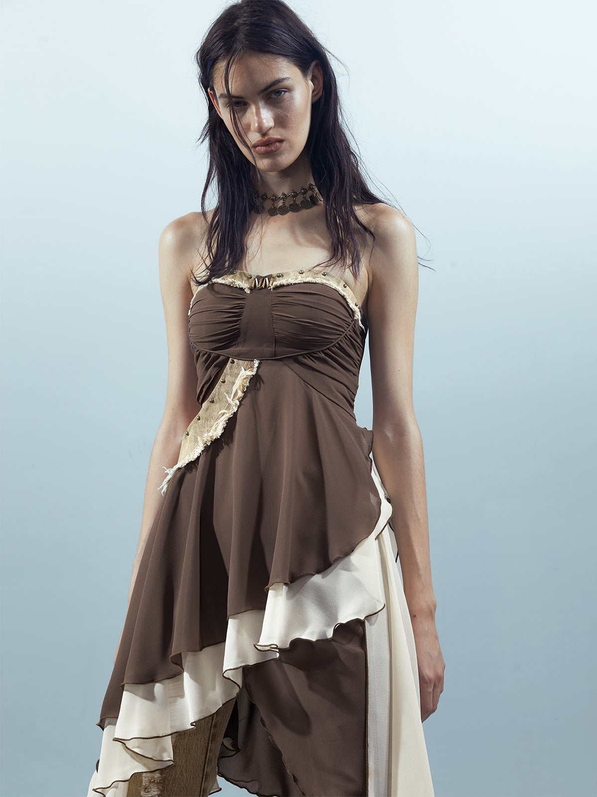 NORTH_NODE_Patchwork_Spliced_Ruffle_Asymmetrical_Strapless_Women&