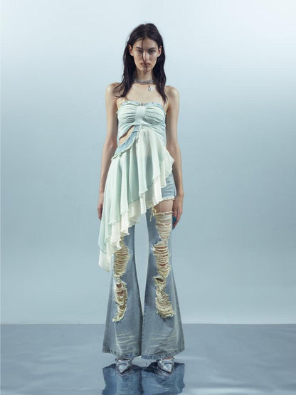 NORTH NODE Patchwork Spliced Ruffle Asymmetrical Strapless Women&