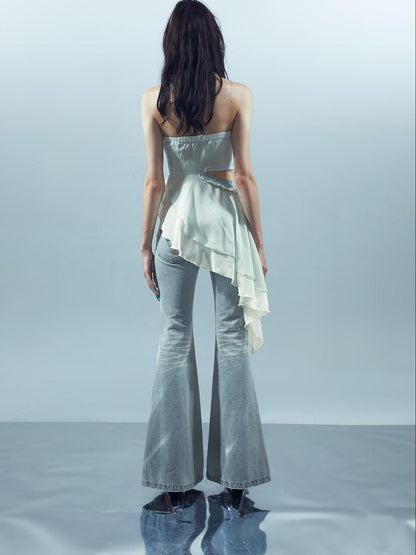 NORTH NODE Patchwork Spliced Ruffle Asymmetrical Strapless Women&