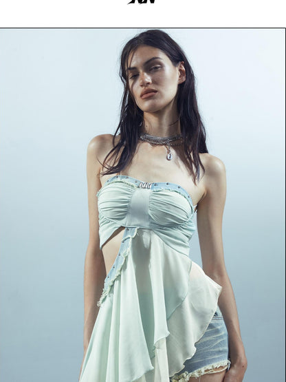 NORTH NODE Patchwork Spliced Ruffle Asymmetrical Strapless Women&