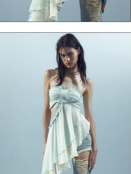 NORTH NODE Patchwork Spliced Ruffle Asymmetrical Strapless Women&