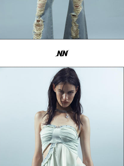 NORTH NODE Patchwork Spliced Ruffle Asymmetrical Strapless Women&