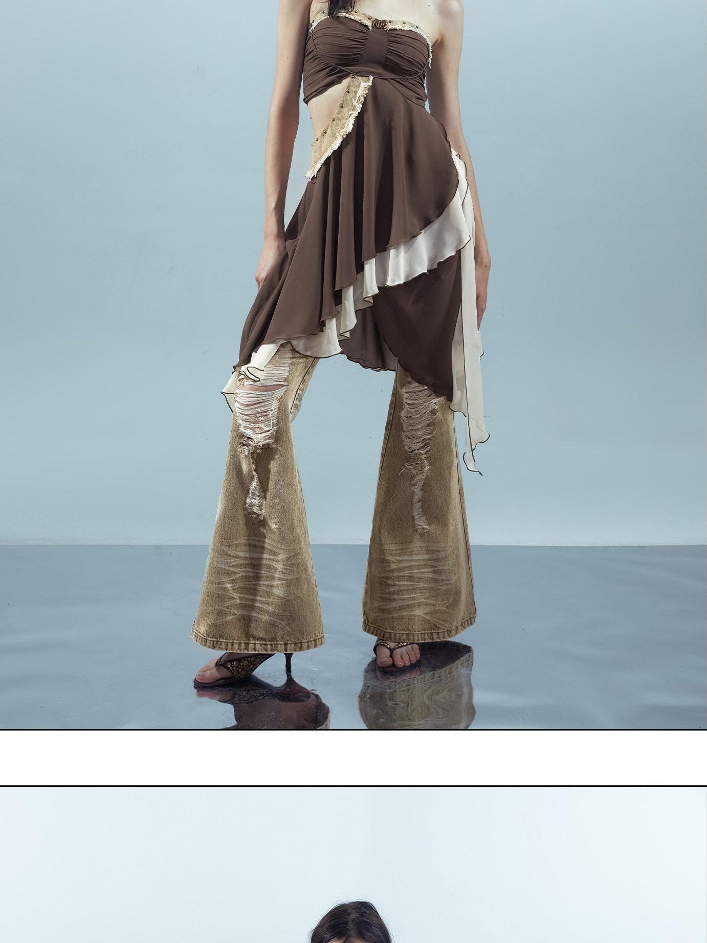 NORTH NODE Patchwork Spliced Ruffle Asymmetrical Strapless Women&