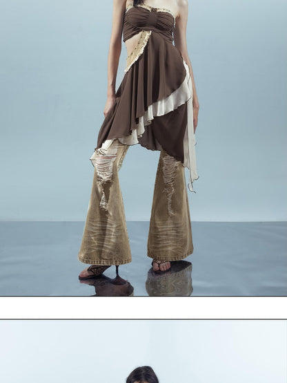 NORTH NODE Patchwork Spliced Ruffle Asymmetrical Strapless Women&