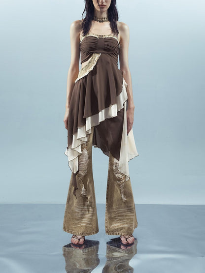 NORTH NODE Patchwork Spliced Ruffle Asymmetrical Strapless Women&