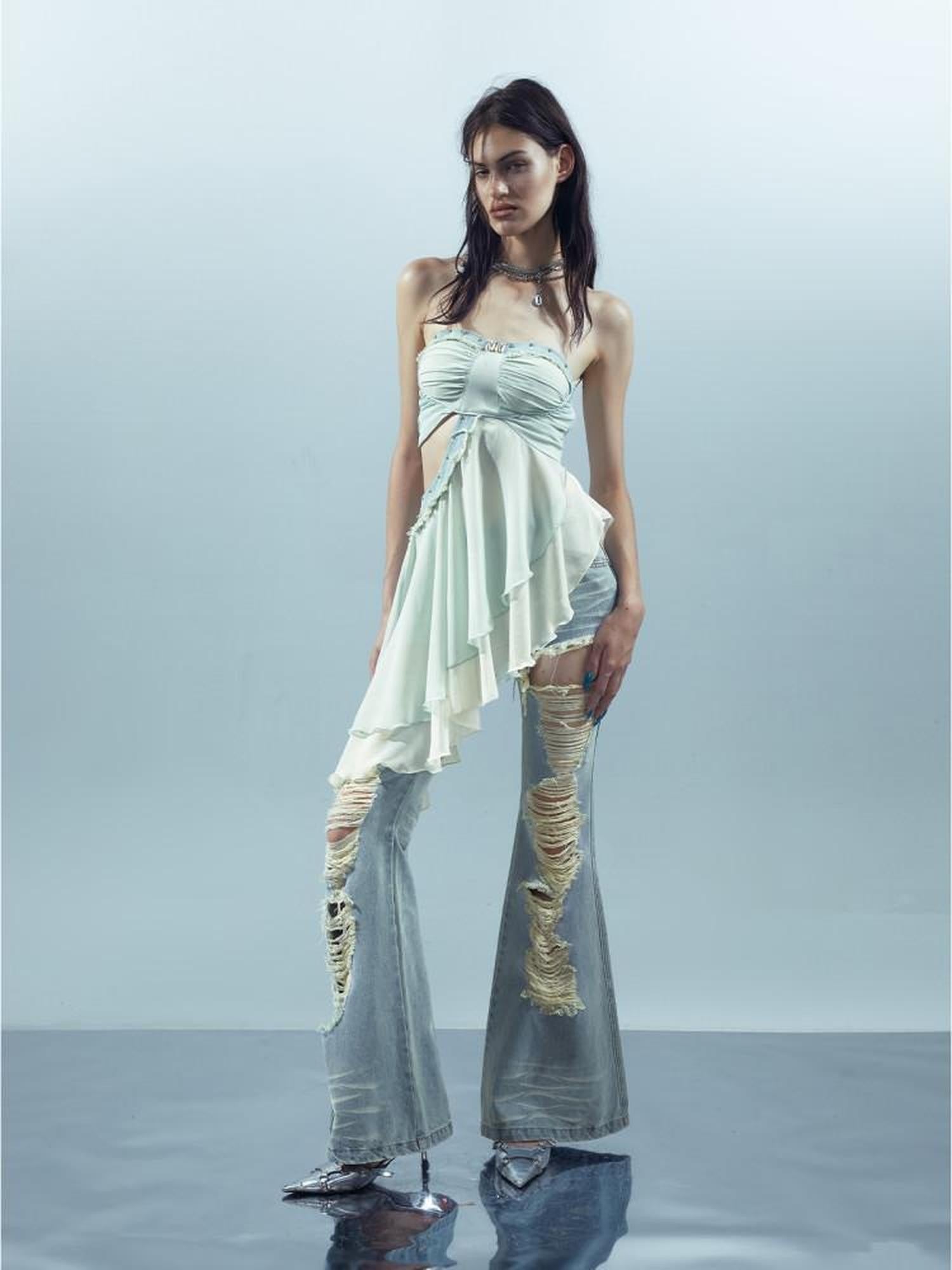 NORTH NODE Patchwork Spliced Ruffle Asymmetrical Strapless Women&