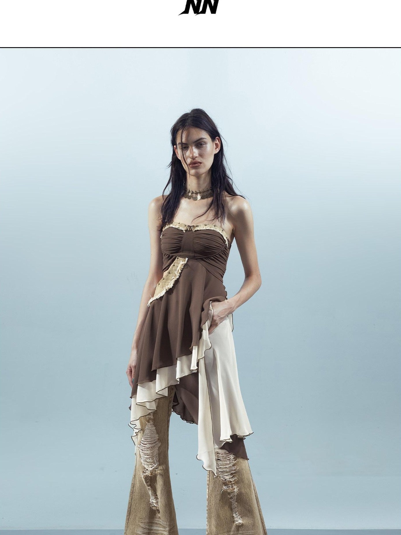 NORTH NODE Patchwork Spliced Ruffle Asymmetrical Strapless Women&