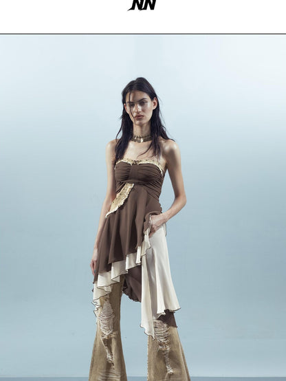 NORTH NODE Patchwork Spliced Ruffle Asymmetrical Strapless Women&