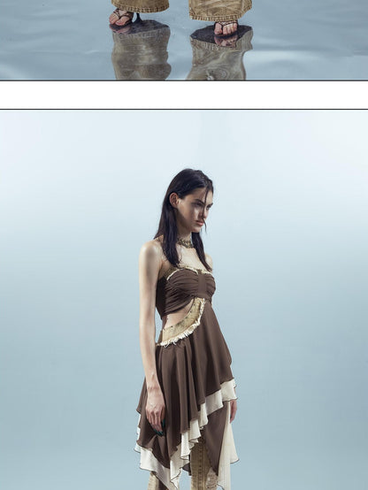 NORTH NODE Patchwork Spliced Ruffle Asymmetrical Strapless Women&