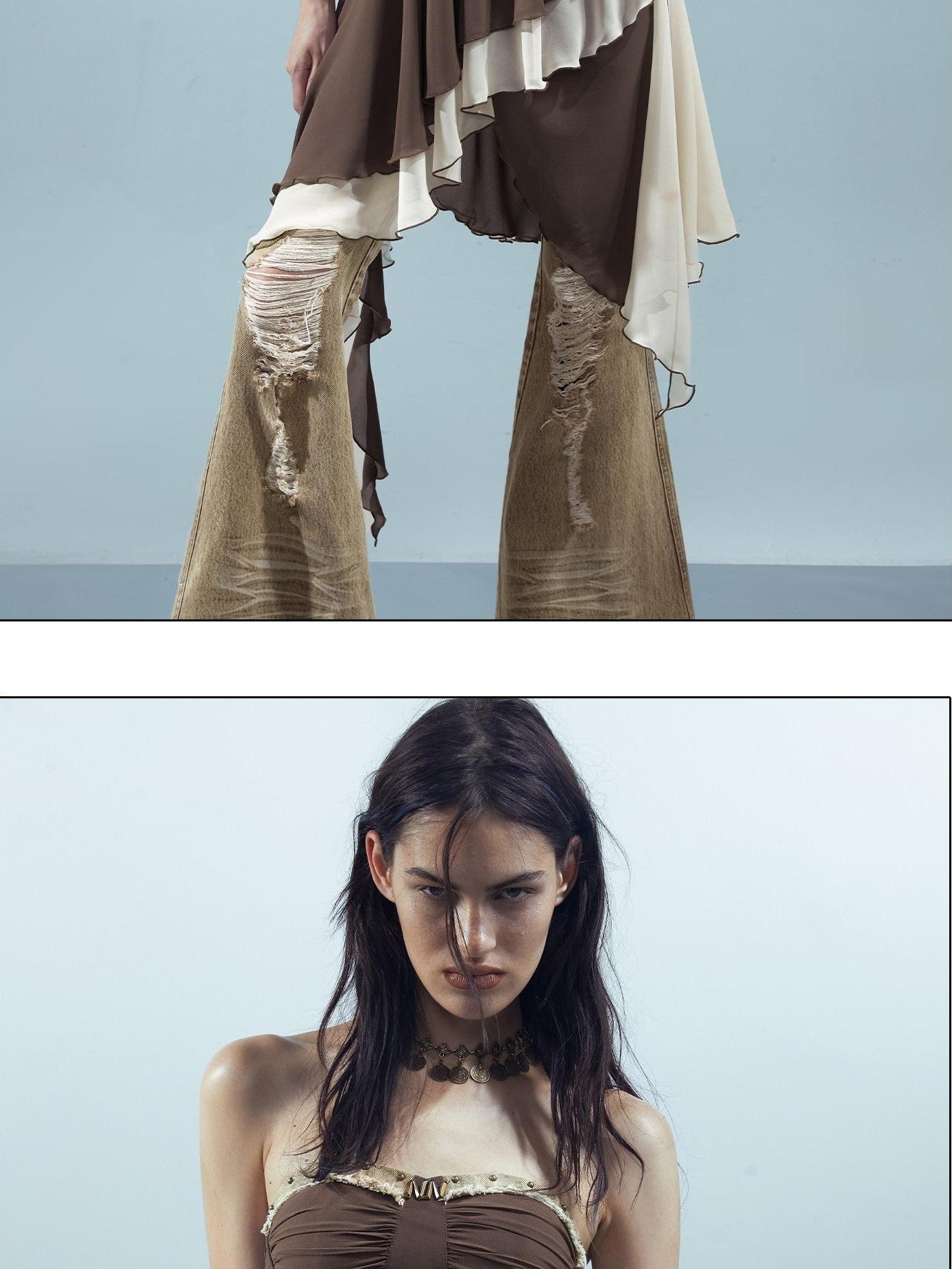 NORTH NODE Patchwork Spliced Ruffle Asymmetrical Strapless Women&