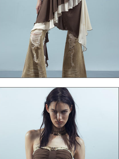NORTH NODE Patchwork Spliced Ruffle Asymmetrical Strapless Women&