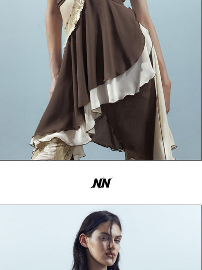NORTH NODE Patchwork Spliced Ruffle Asymmetrical Strapless Women&