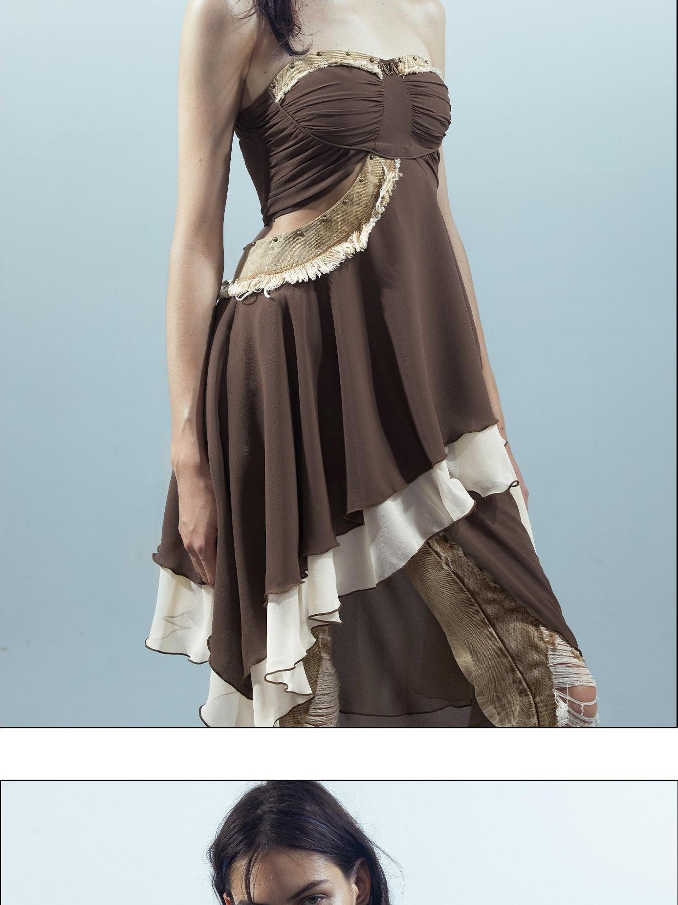 NORTH NODE Patchwork Spliced Ruffle Asymmetrical Strapless Women&