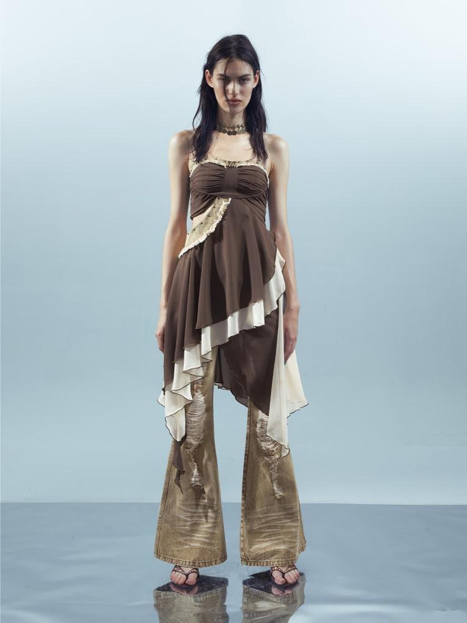 NORTH NODE Patchwork Spliced Ruffle Asymmetrical Strapless Women&