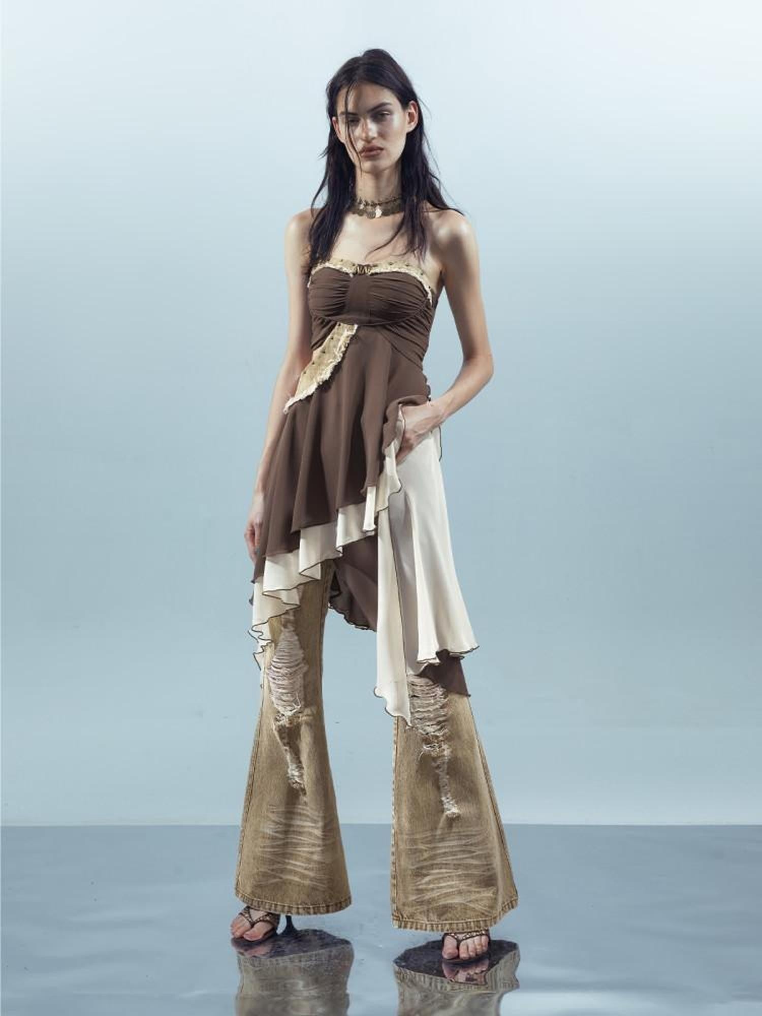 NORTH NODE Patchwork Spliced Ruffle Asymmetrical Strapless Women&