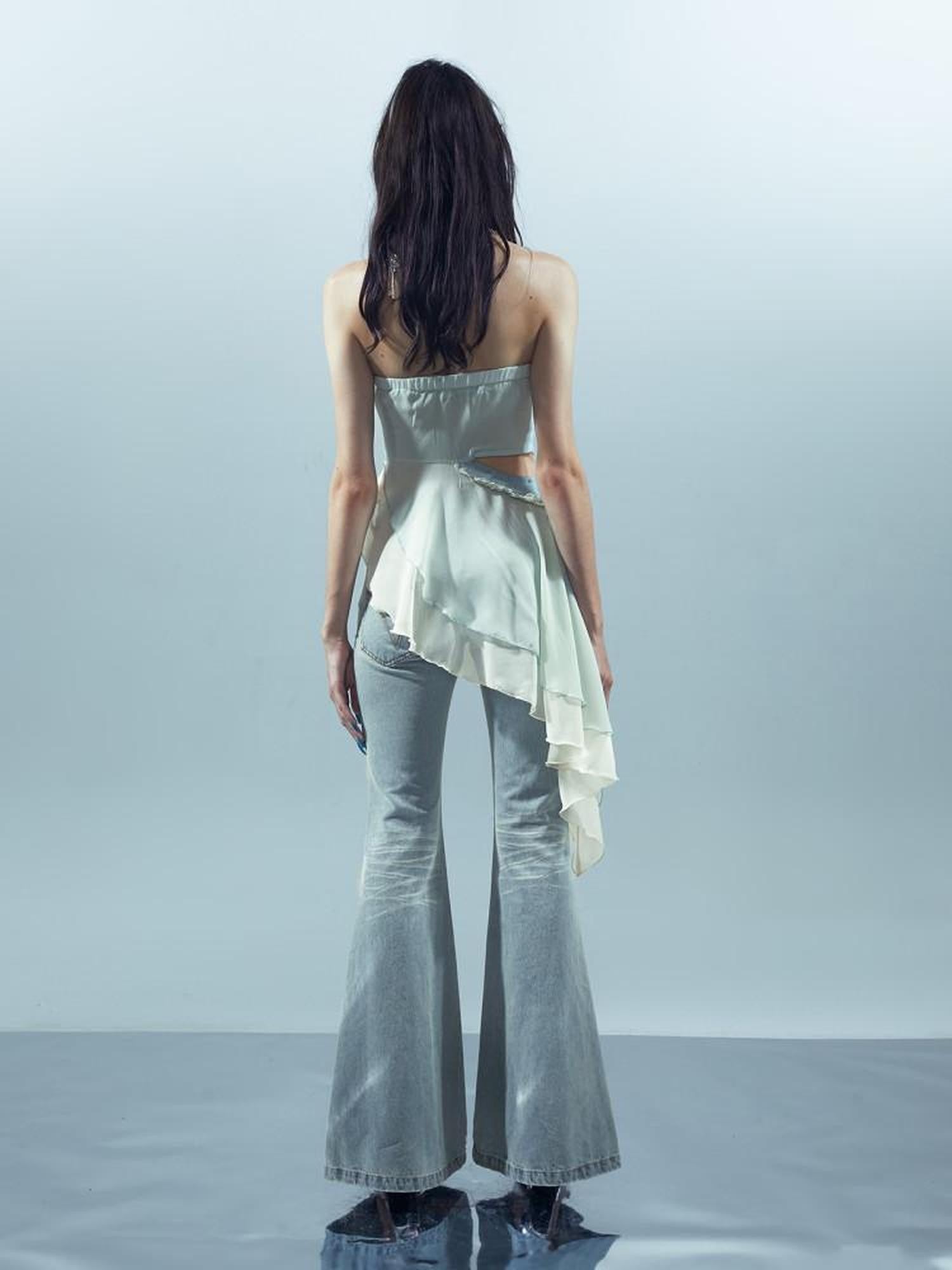NORTH NODE Patchwork Spliced Ruffle Asymmetrical Strapless Women&