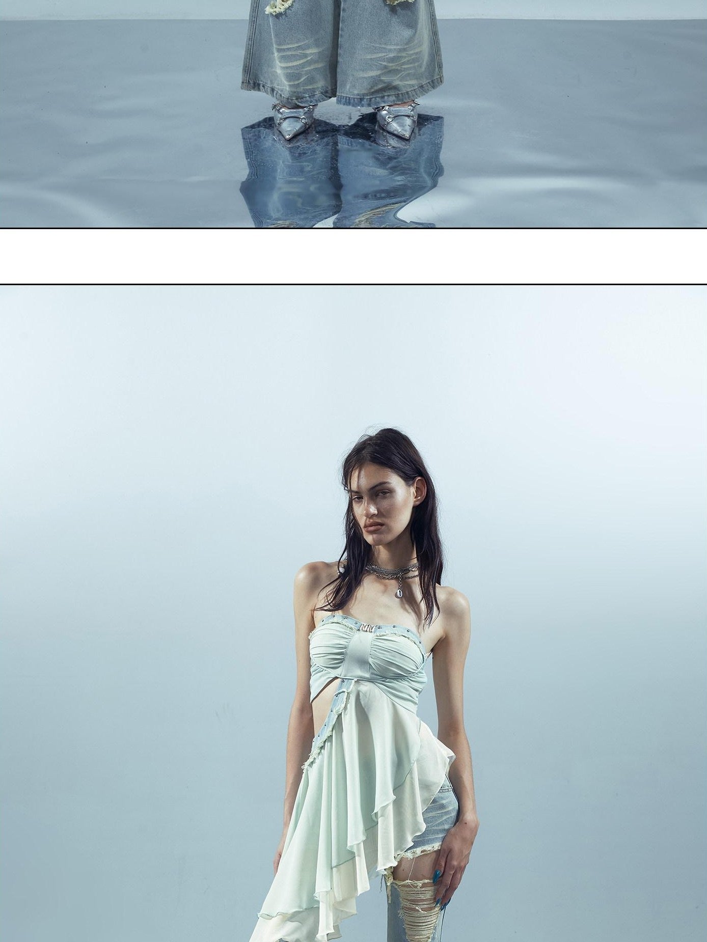 NORTH NODE Patchwork Spliced Ruffle Asymmetrical Strapless Women&