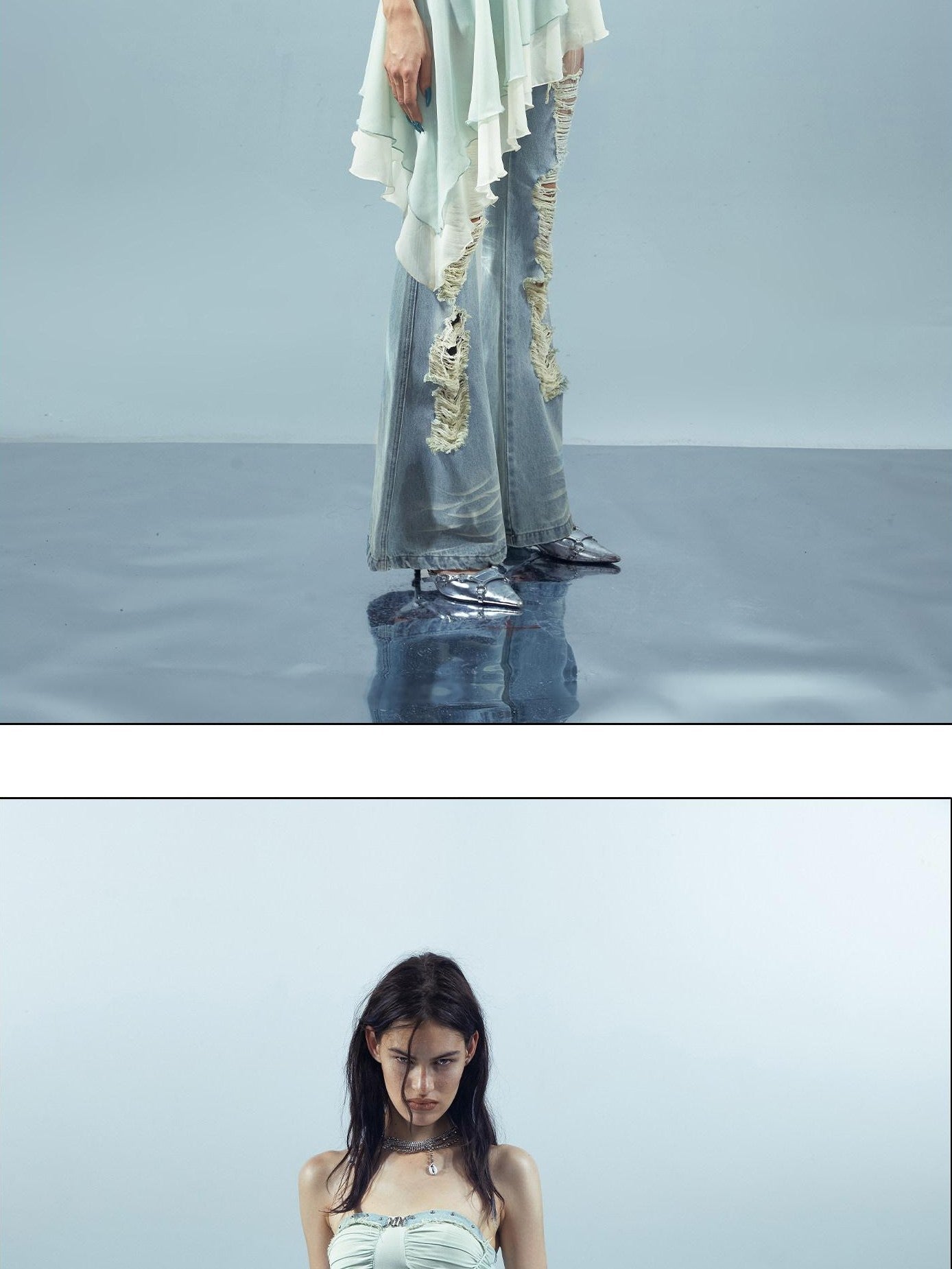 NORTH NODE Patchwork Spliced Ruffle Asymmetrical Strapless Women&