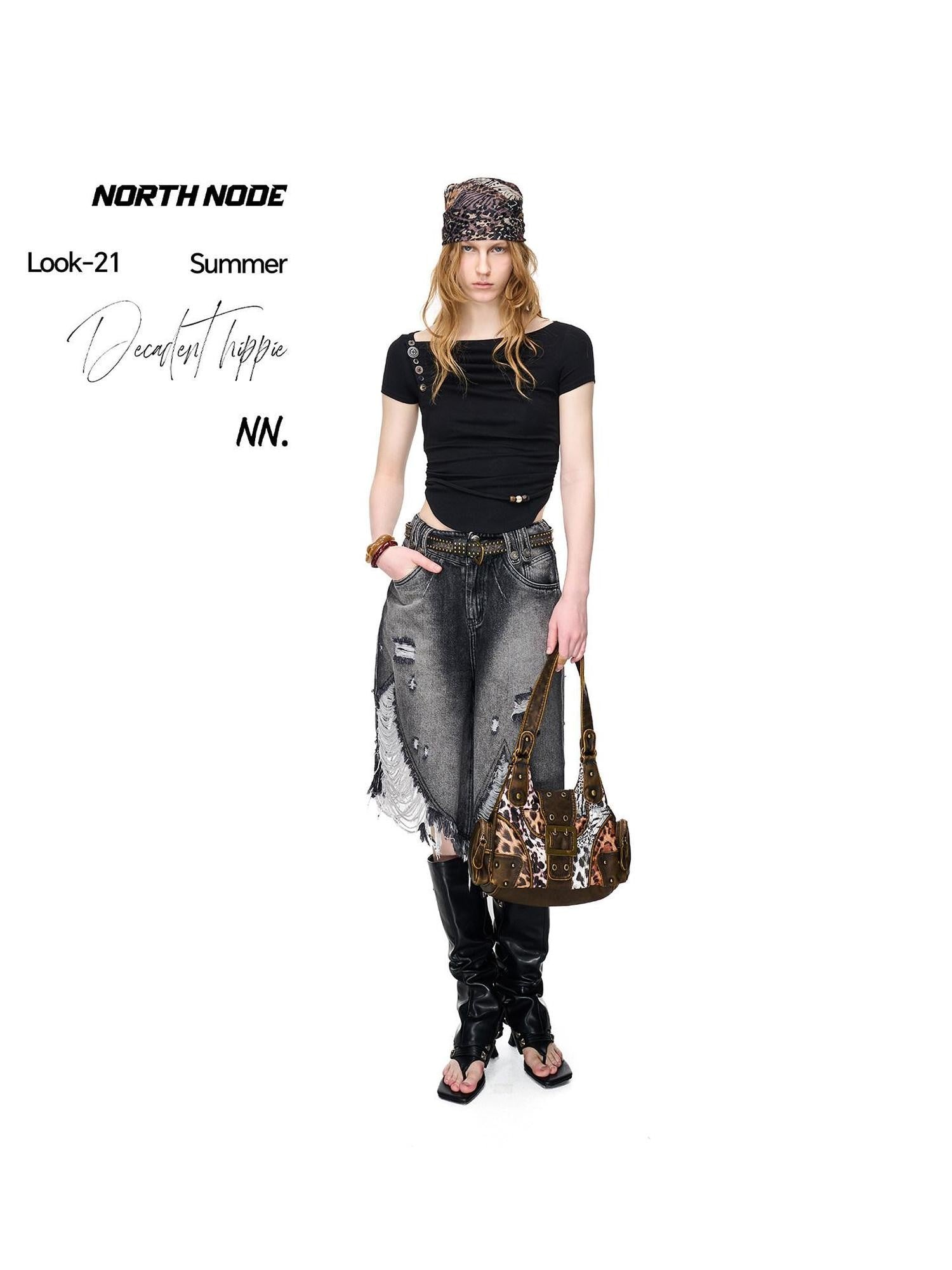 NORTH NODE Pebble Print Asymmetric Ruched Beaded Button Women&
