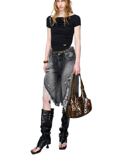 NORTH NODE Pebble Print Asymmetric Ruched Beaded Button Women&