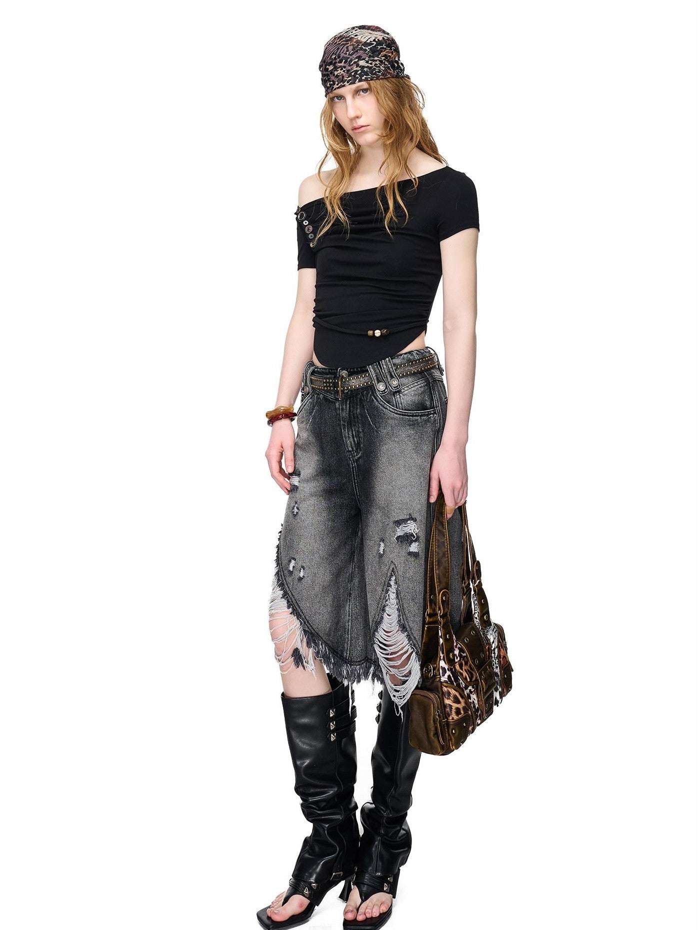 NORTH NODE Pebble Print Asymmetric Ruched Beaded Button Women&
