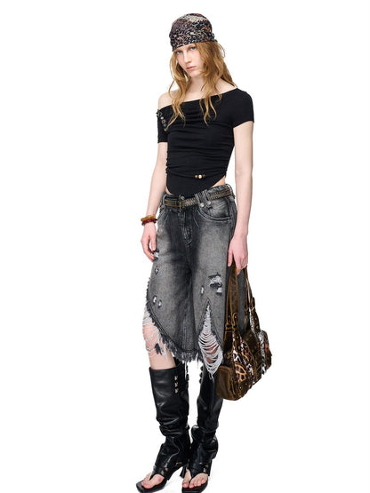NORTH NODE Pebble Print Asymmetric Ruched Beaded Button Women&