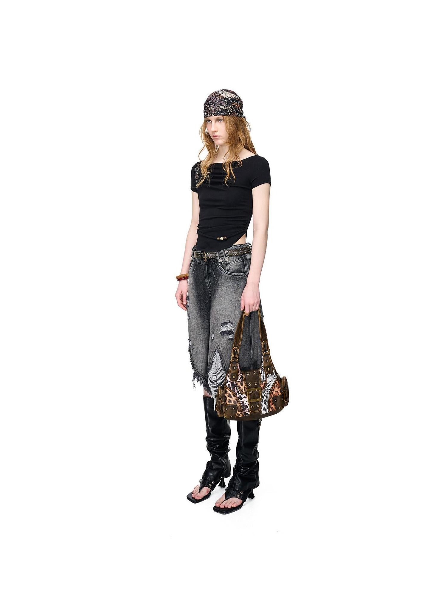 NORTH NODE Pebble Print Asymmetric Ruched Beaded Button Women&