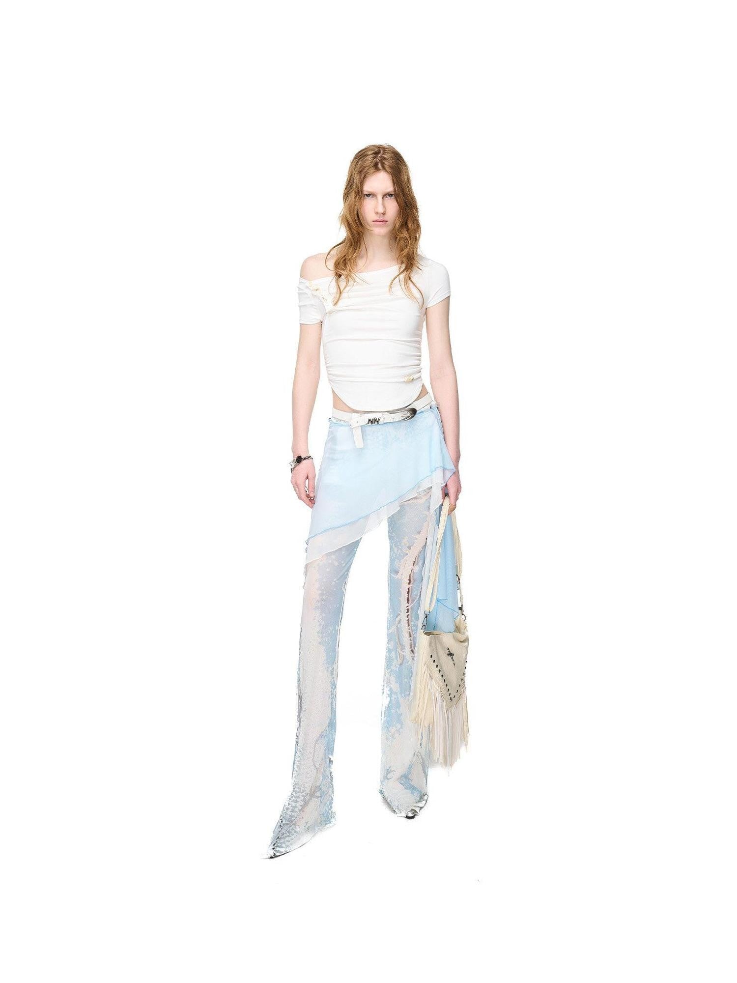 NORTH NODE Pebble Print Asymmetric Ruched Beaded Button Women&