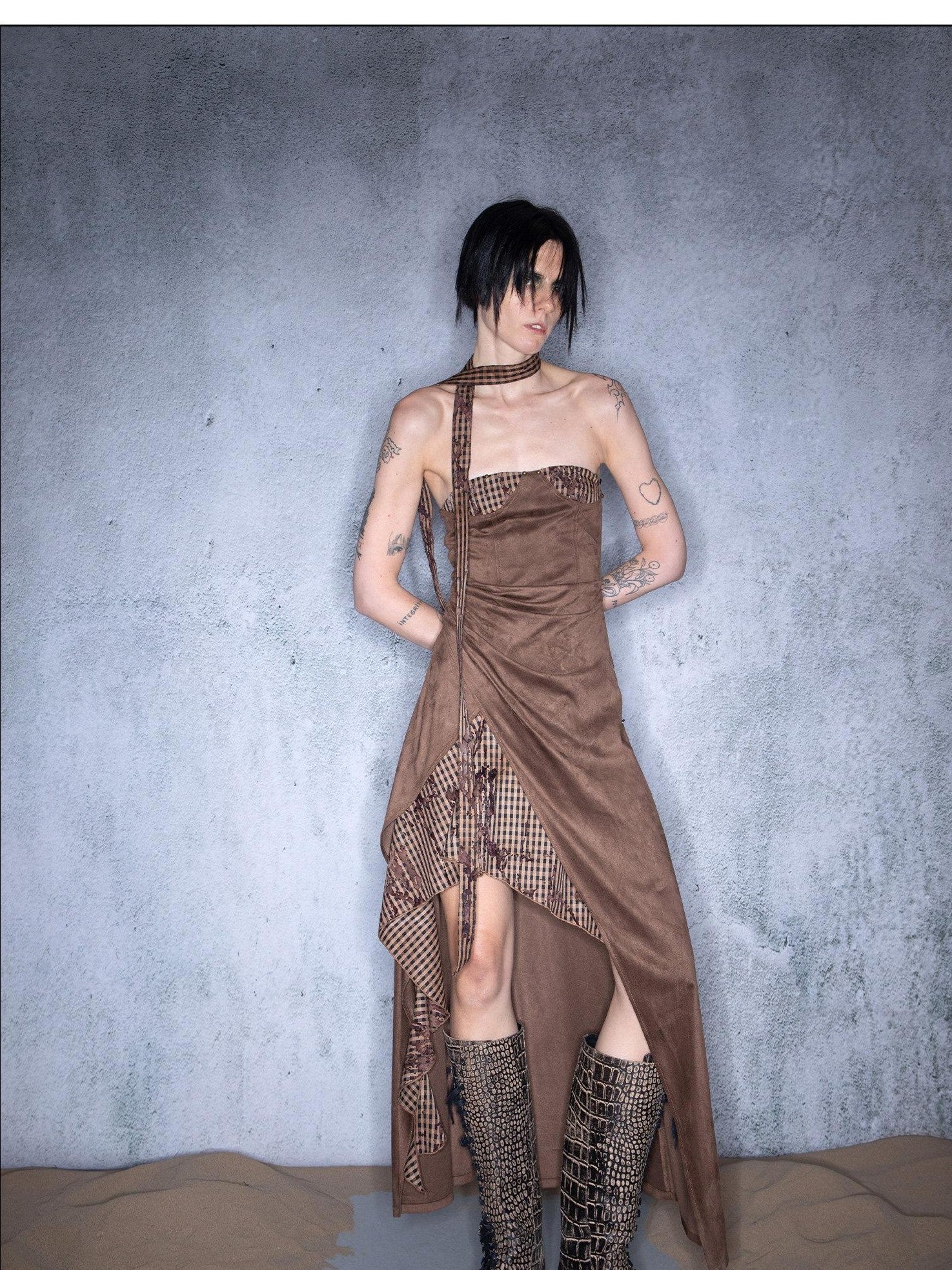 NORTH NODE Plaid Patchwork Bustier Asymmetrical Women&
