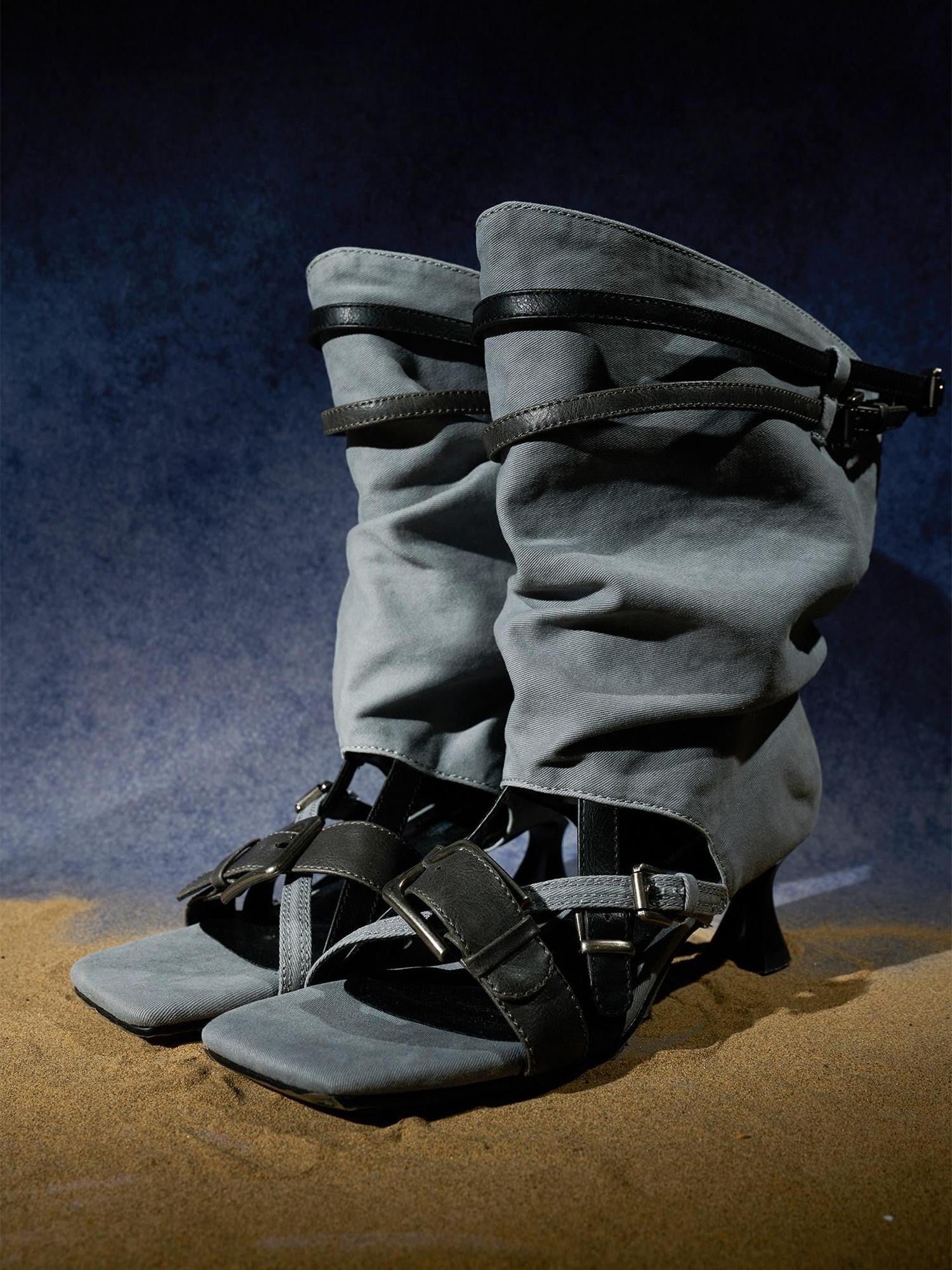 NORTH NODE Pleated Ruching Slouchy Open Toe High Heel Women&