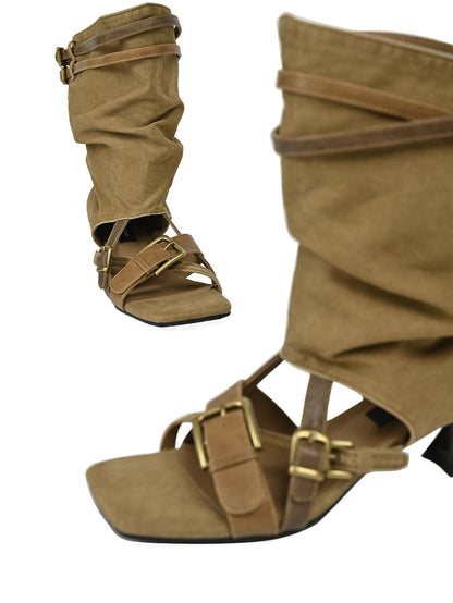 NORTH NODE Pleated Ruching Slouchy Open Toe High Heel Women&