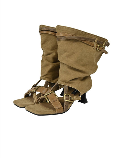 NORTH NODE Pleated Ruching Slouchy Open Toe High Heel Women&