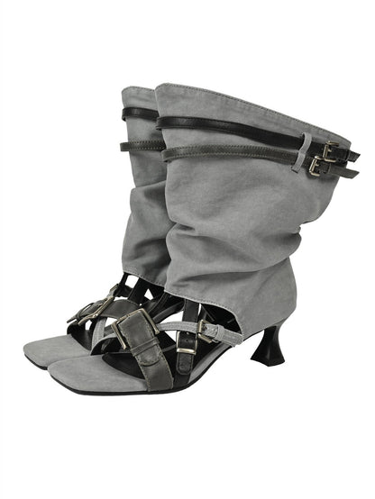 NORTH NODE Pleated Ruching Slouchy Open Toe High Heel Women&
