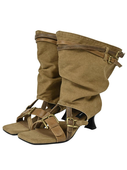 NORTH NODE Pleated Ruching Slouchy Open Toe High Heel Women&